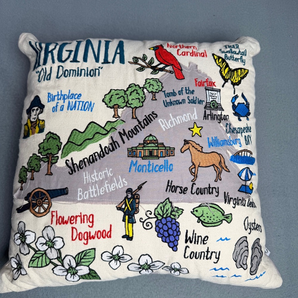Catstudio Virginia State Hand Embroidered Pillow Old Dominion Retro Map Accent